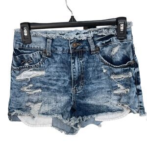 Rewash SZ 5/27 Vintage Reunion Jean Shorts Distressed Frayed Hems Hi-Rise Blue